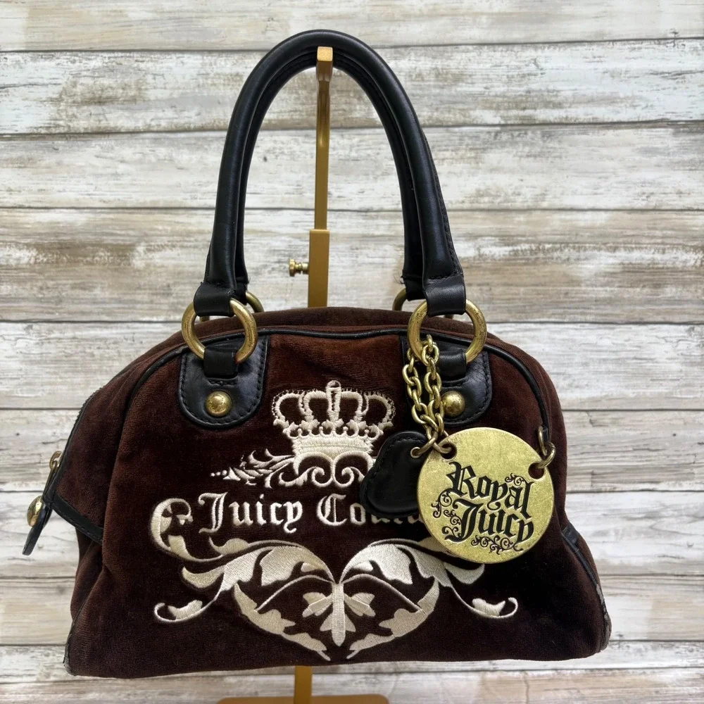 Juicy Couture Royal Bowler Bag Brown Velour Y2K Crown Logo Gold Hardware Fair